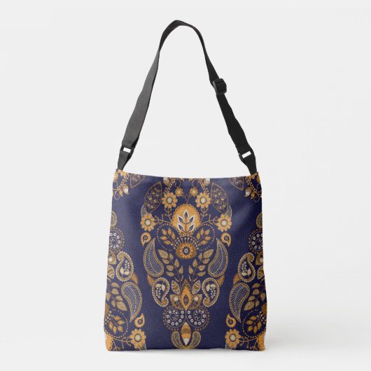 Goud en blauw, bloemig naadloos patroon. crossbody tas (Achterkant)