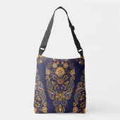 Goud en blauw, bloemig naadloos patroon. crossbody tas (Voorkant)