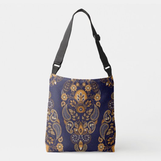 Goud en blauw, bloemig naadloos patroon. crossbody tas (Voorkant)