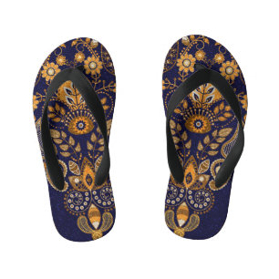 Goud en blauw, bloemig naadloos patroon. kinder teenslippers