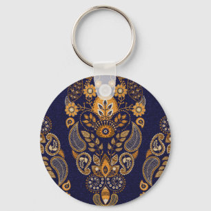 Goud en blauw, bloemig naadloos patroon. sleutelhanger