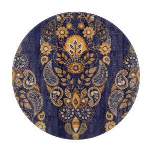 Goud en blauw, bloemig naadloos patroon. snijplank