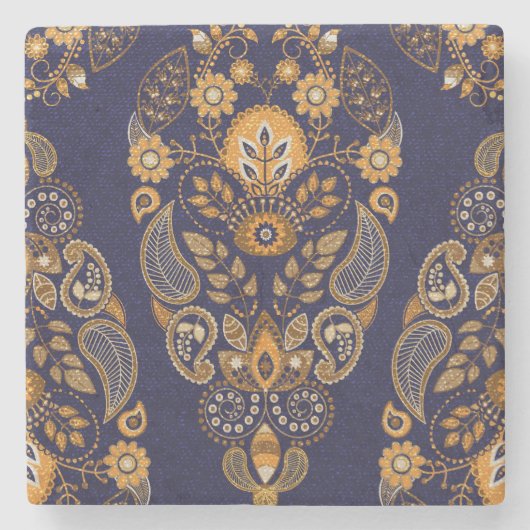 Goud en blauw, bloemig naadloos patroon. stenen onderzetter (Voorkant)