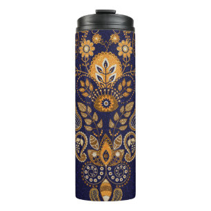 Goud en blauw, bloemig naadloos patroon. thermosbeker