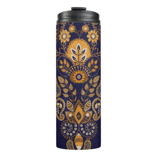 Goud en blauw, bloemig naadloos patroon. thermosbeker