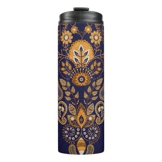Goud en blauw, bloemig naadloos patroon. thermosbeker (Voorkant)