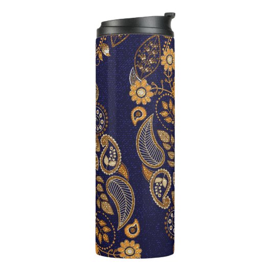 Goud en blauw, bloemig naadloos patroon. thermosbeker (Gedraaid links)