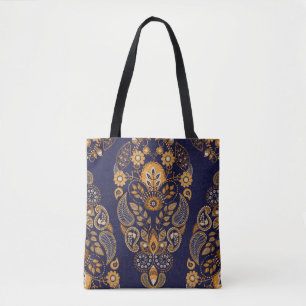 Goud en blauw, bloemig naadloos patroon. tote bag