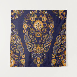 Goud en blauw, bloemig naadloos patroon. wandkleed