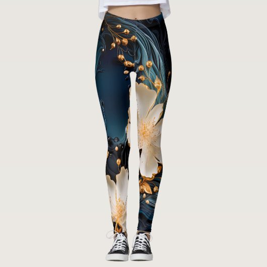 Goud en Blauw Botanisch Leggings (Voorkant)