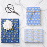 Goud en blauw Chanoeka vakantiepatroon Inpakpapier Vel<br><div class="desc">Vakantie Chanoeka patroon</div>