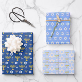 Goud en blauw Chanoeka vakantiepatroon Inpakpapier Vel