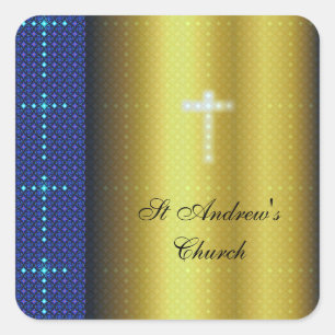 Goud en blauw Christelijk kruiden Vierkante Sticker