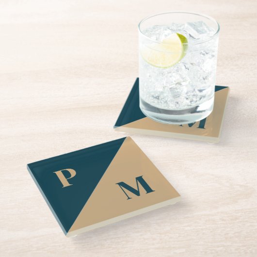 Goud en blauw contrasten aangepaste initialen glazen onderzetter (Schuin)