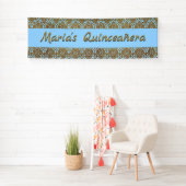 Goud en blauw Damask Celebration Banner (Insitu)