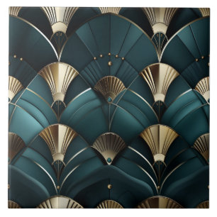 Goud en Blauw Deco, Art Deco Fan Tegeltje