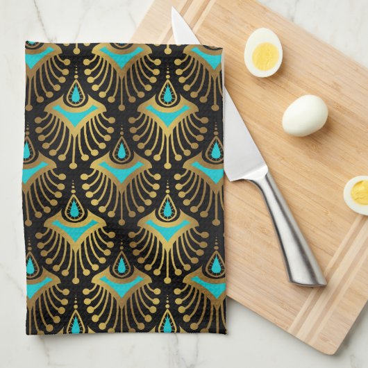 Goud en blauw Deco-patroon van de Kunst op zwarte Theedoek (Quarter Fold)