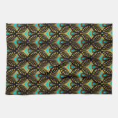 Goud en blauw Deco-patroon van de Kunst op zwarte  Theedoek (Horizontaal)