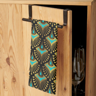 Goud en blauw Deco-patroon van de Kunst op zwarte Theedoek