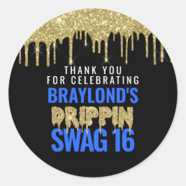 Goud en Blauw Druipende Swag 16 Verjaardag Ronde Sticker