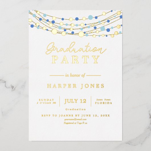 Goud en blauw elegante Afstudeerklas 2025 Folie Uitnodiging (Voorkant)