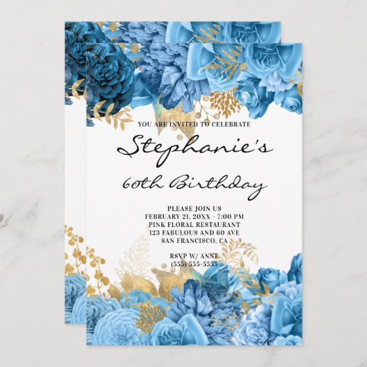 Goud en blauw Floral Borders 60e verjaardag Kaart (Voorkant / Achterkant)