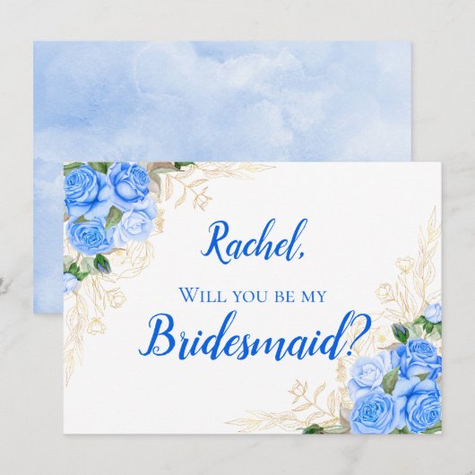 Goud en blauw Floral Rozen Bridesmaid Kaart (Voorkant / Achterkant)