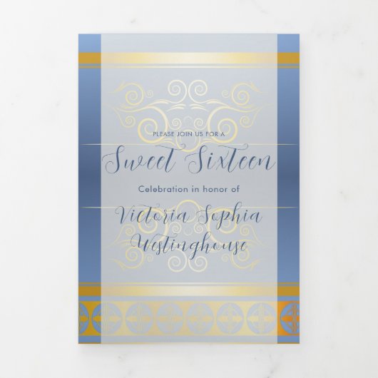 Goud en Blauw Foto Lief 16 Feestuitnodiging Drieluik Uitnodiging (Cover)