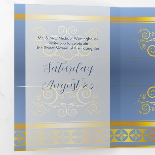 Goud en Blauw Foto Lief 16 Feestuitnodiging Drieluik Uitnodiging (Binnenzijde eerst)