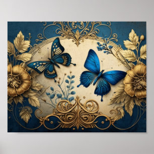 Goud en blauw gelaagd vlinder poster