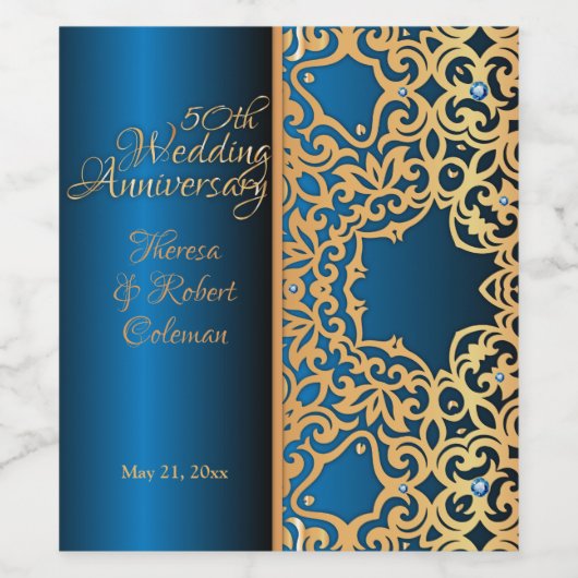 goud en blauw gelooid Jubileum Wijn Etiket (Enkel label)