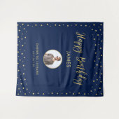 Goud en blauw | Happy Birthday Photo Tapestry Wandkleed (Voorkant (horizontaal))