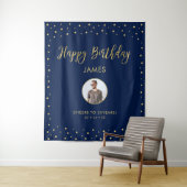 Goud en blauw | Happy Birthday Photo Tapestry Wandkleed (In situ)