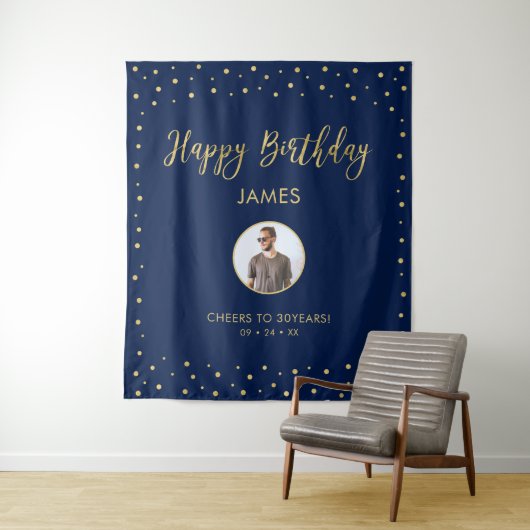 Goud en blauw | Happy Birthday Photo Tapestry Wandkleed (In situ)