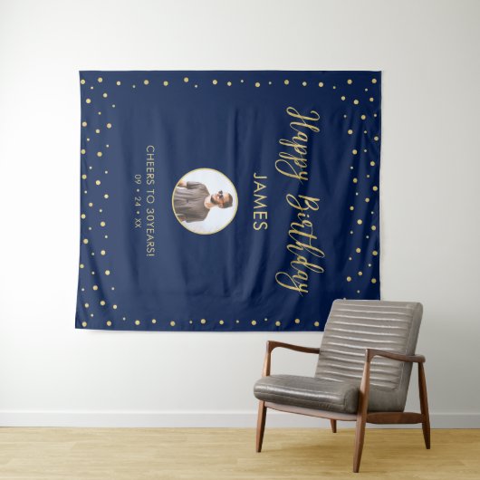 Goud en blauw | Happy Birthday Photo Tapestry Wandkleed (In Situ (horizontaal))