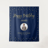 Goud en blauw | Happy Birthday Photo Tapestry Wandkleed (Voorkant)