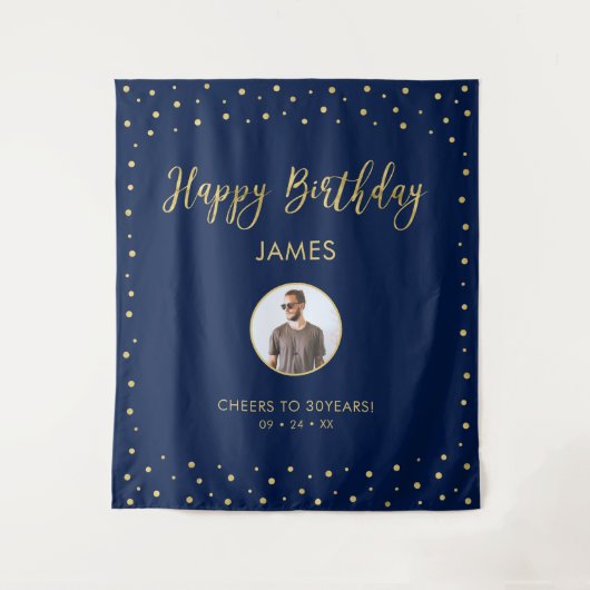 Goud en blauw | Happy Birthday Photo Tapestry Wandkleed (Voorkant)