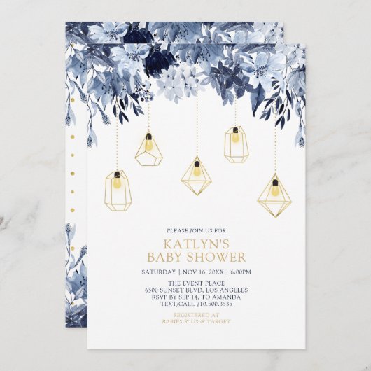 Goud en blauw | Lights Boho chic Baby shower Kaart (Voorkant / Achterkant)