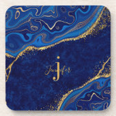 Goud en blauw Modern Elegant Custom Name Monogram Bier Onderzetter (Voorkant)