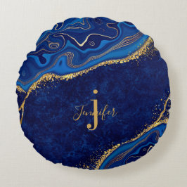 Goud en blauw Modern Elegant Custom Name Monogram Rond Kussen