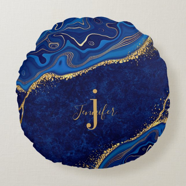 Goud en blauw Modern Elegant Custom Name Monogram Rond Kussen (Voorkant)