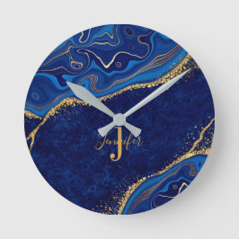 Goud en blauw Modern Elegant Custom Name Monogram Ronde Klok