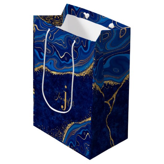 Goud en Blauw Moderne Elegante Agaat Glitter Custo Medium Cadeauzakje (Voorkant Gekanteld)