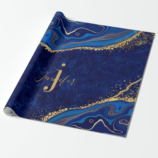 Goud en Blauw Moderne Elegante Decoupage Custom Cadeaupapier (Uitgerold)