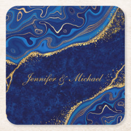 Goud en Blauw Moderne Huwelijk Elegante Custom Nam Kartonnen Onderzetters
