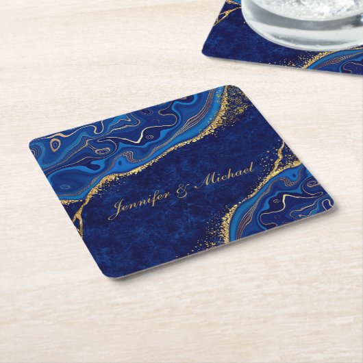 Goud en Blauw Moderne Trouw Elegante Aangepaste Na Kartonnen Onderzetters (Schuin)