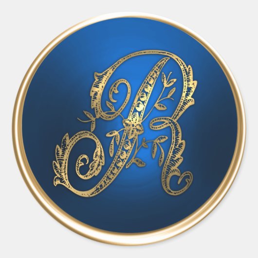 Goud en blauw monogram R-envelop Ronde Sticker (Voorkant)