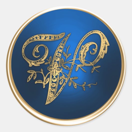 Goud en blauw Monogram V Envelopzegel Ronde Sticker (Voorkant)