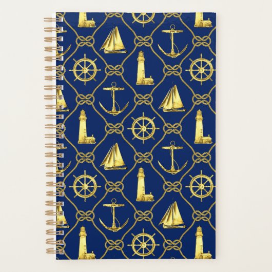 Goud en blauw nautisch touwpatroon planner (Voorkant)