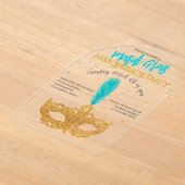 Goud en Blauw Sparkles Mask Mardi Gras Party Acryl Uitnodigingen (Laagn)